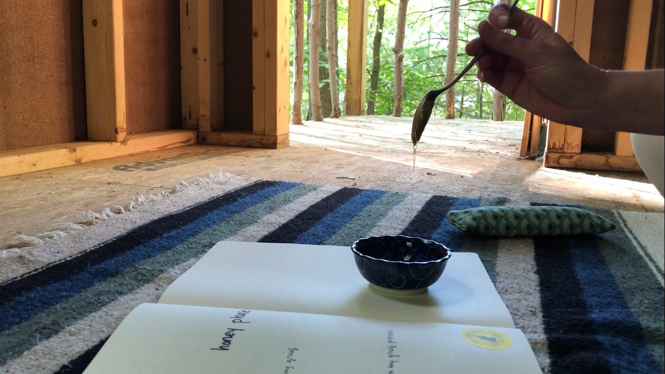 a hand holds a spoon that drips honey into a small dish set on a notebook that is open on a blanket in an unfinished building with a view of the woods through its open door