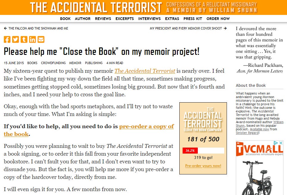 Screenshot from accidentalterrorist.com with a blog entry about the author's "Close the Book" campaign and a widget showing 181 copies sold out of a goal of 500.