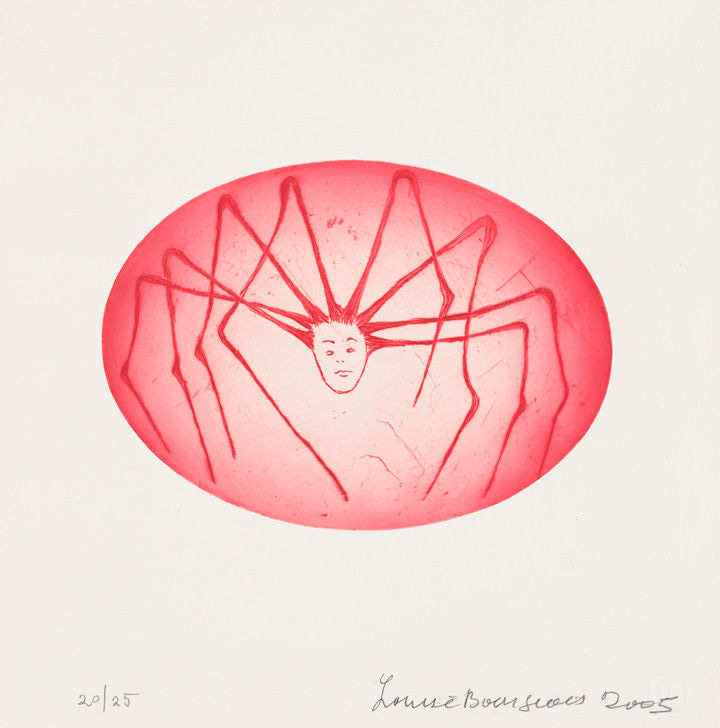 Drypoint print of a spider with a human head within an egg-shaped capsule