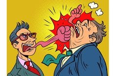 businessman tongue mouth gesture fist bump. Comic book cartoon pop art hand drawing illustration