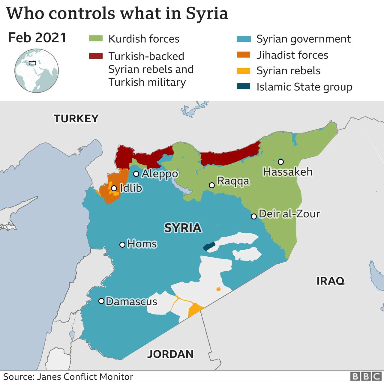Map showing control of Syria (February 2021)