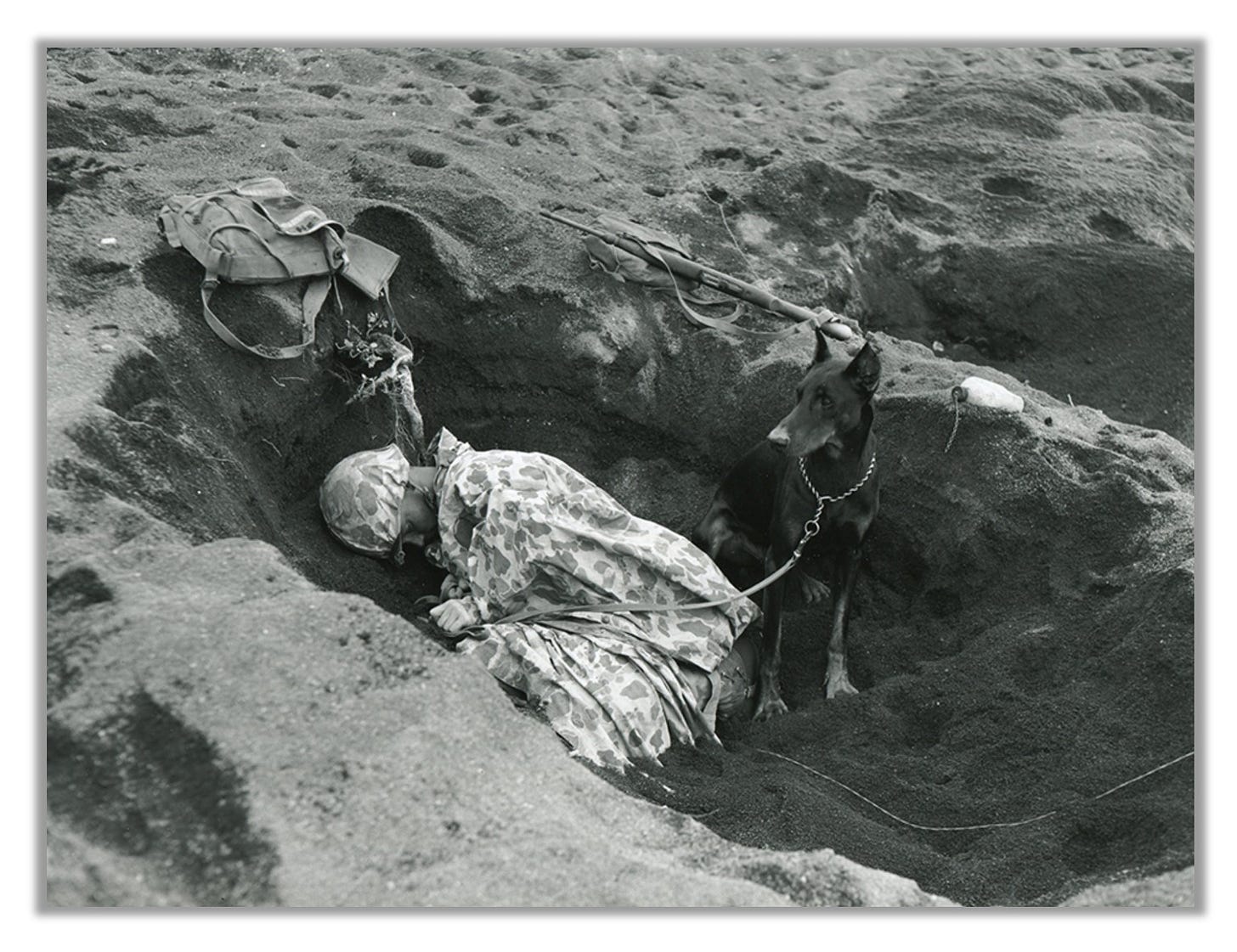 PFC Rez P Hester takes a nap in a foxhole while his dog Butch stands guard.