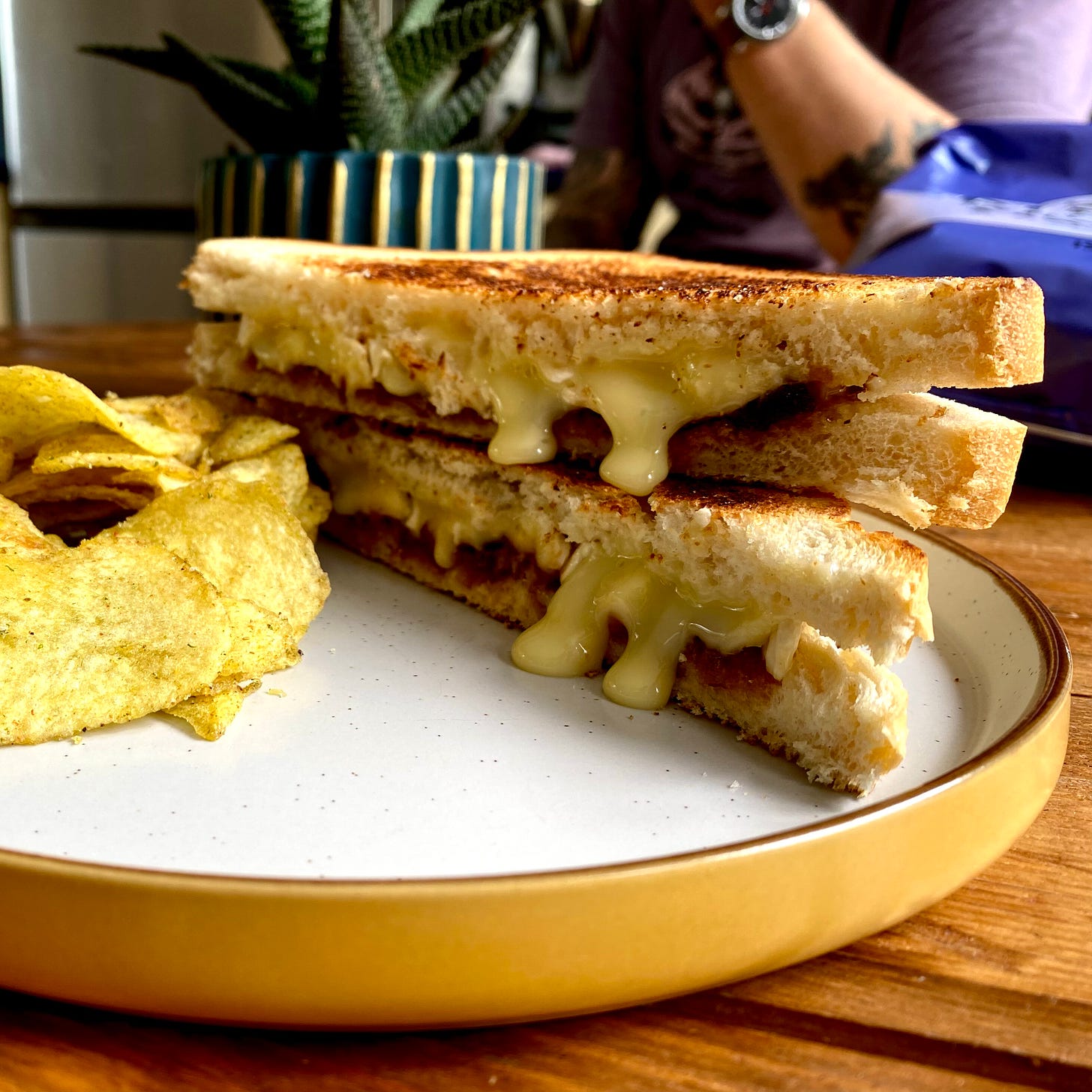 cross section of a brie toasted sandwich with a few crisps to the side