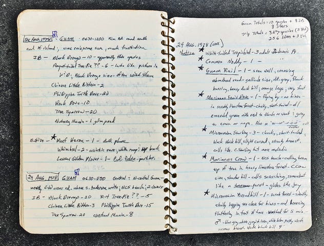A page from Don Roberson's journal showing handwritten notes on the birds he saw in Guam on August 29th, 1978