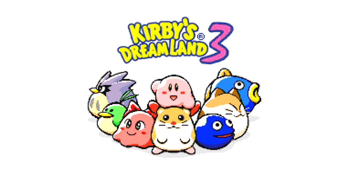 The title screen for Kirby's Dream Land 3, featuring Kirby and his animal buddies.