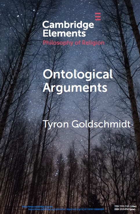 Image may contain: outdoor, text that says 'Cambridge Elements Philosophy of Religion Ontological Arguments Tyron Goldschmidt 2199 ISSN 2315-9763(print)'