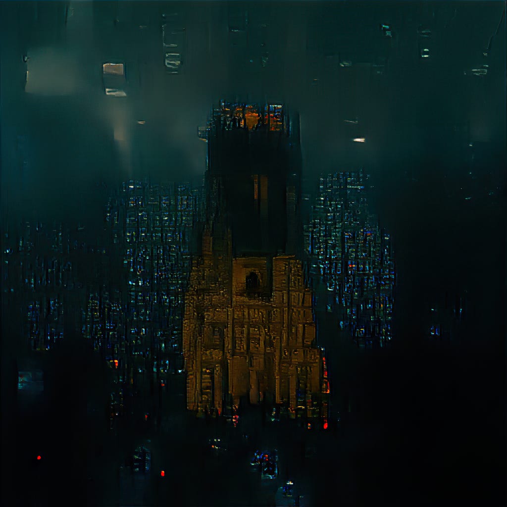 Prompt: ‘A cathedral in the style of Blade Runner’