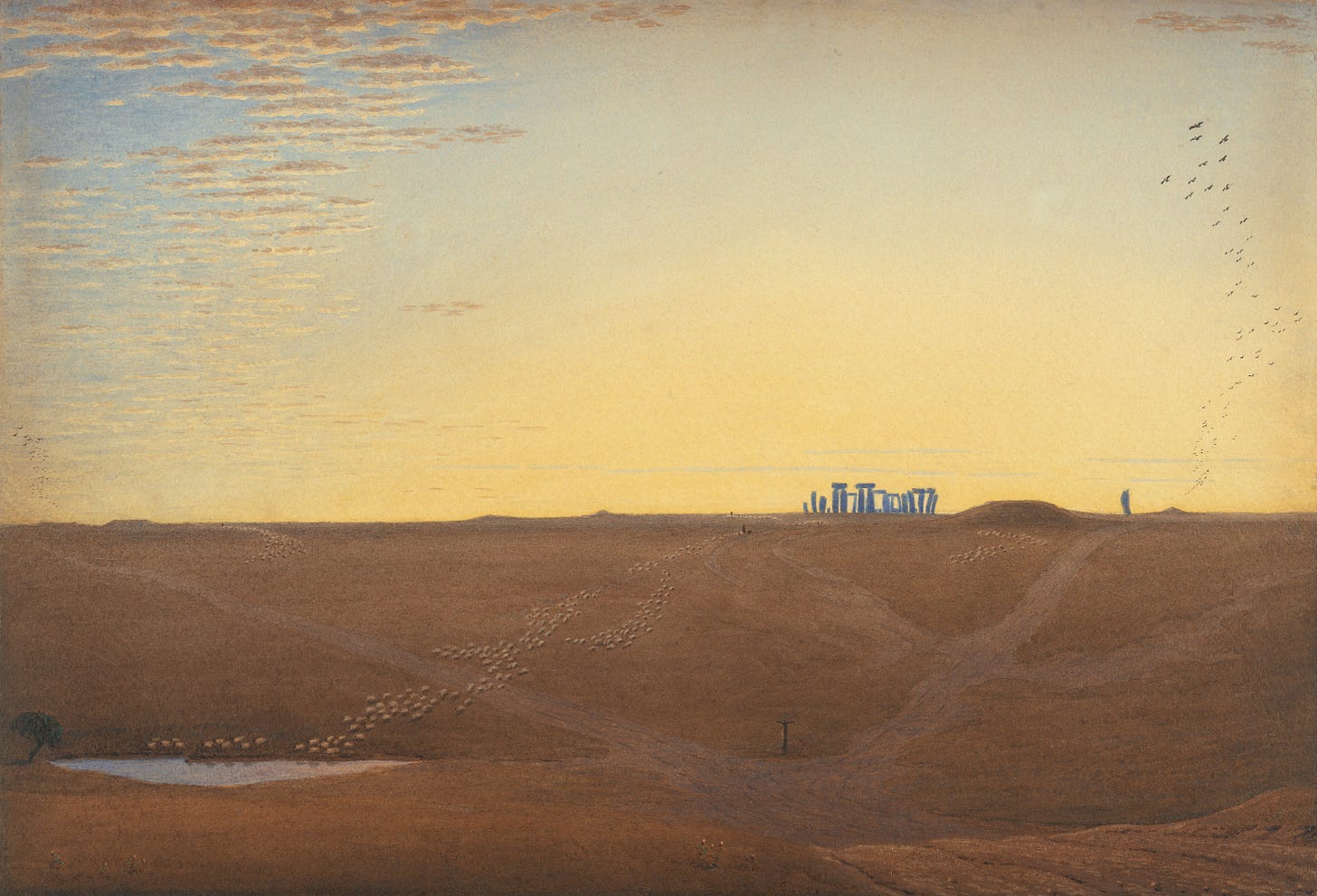 a landscape drawing of Stonehenge sitting on the crest of a brown hill. the sky is yelow with whispy clouds on the left and a soft gradient in blue. there are birds flying into the sky in the right of the picture, and sheep walking up the hill to stonehenge on the crest from a watering hole with a tree. tere is a dirt crossroad in the landscape 