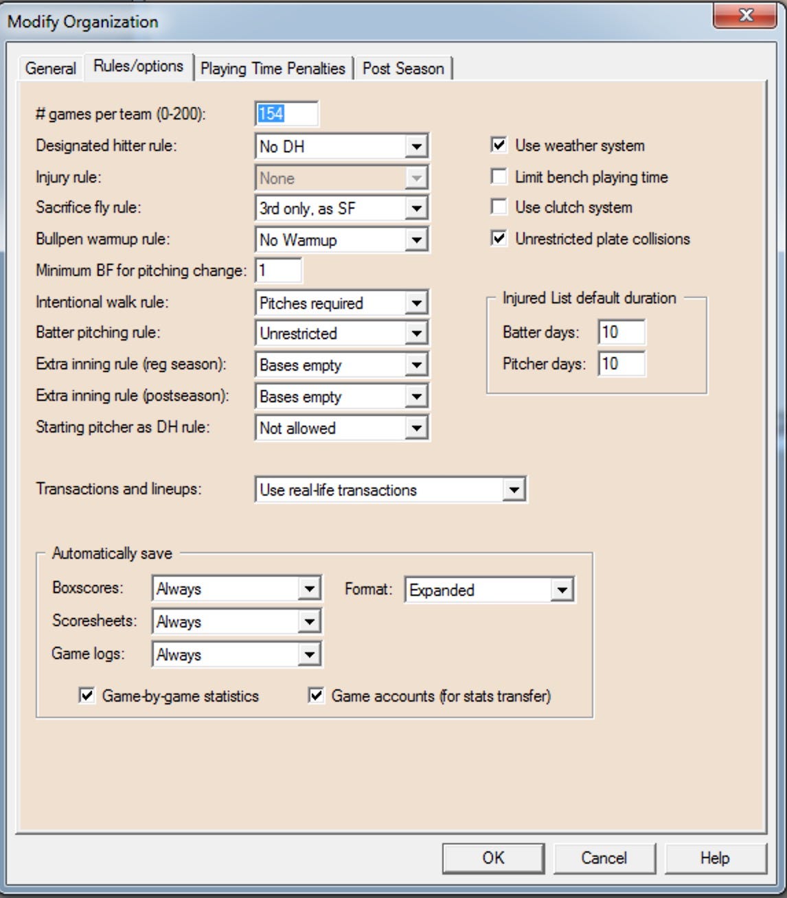 Diamond Mind Baseball Settings