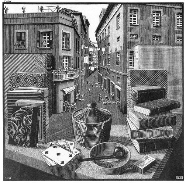Still Life and Street, 1937 - M.C. Escher - WikiArt.org
