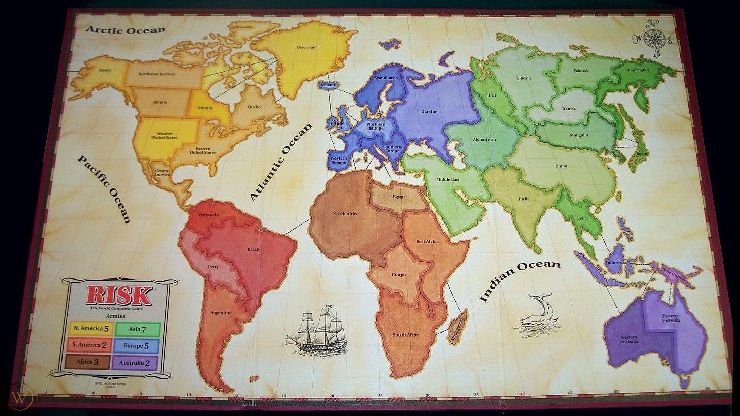 A photograph of the board for the game Risk