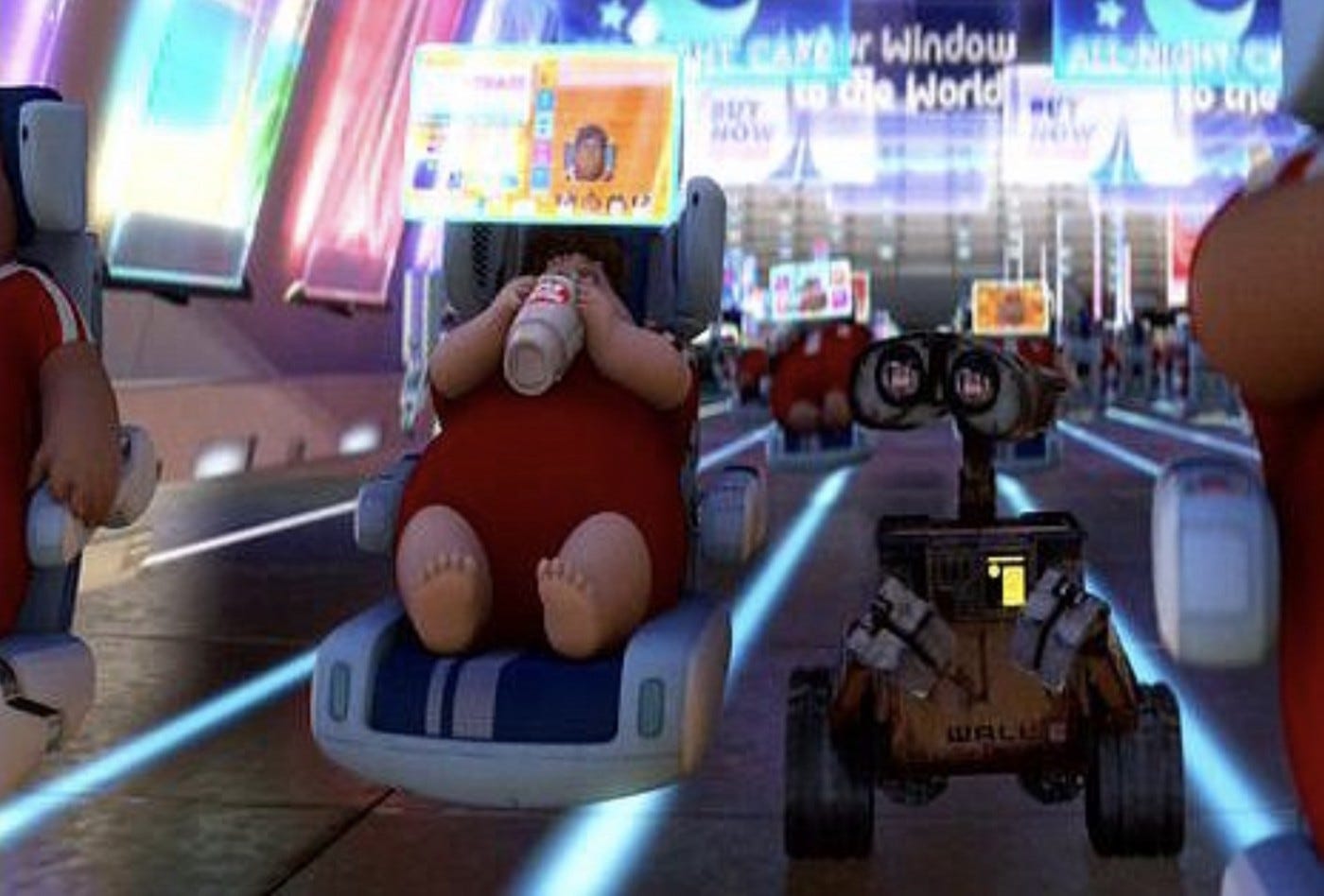 A still from the film classic, Wall E showing a future of personal pods.