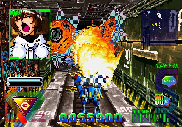A screenshot of the mech using its fire weapon, but at the same time, damage is being sustained, as you can see by the image of a screaming navigator.