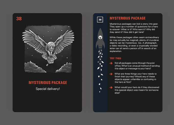 dark mode version of "Mysterious Package" card, with owl carrying a package on a dark background