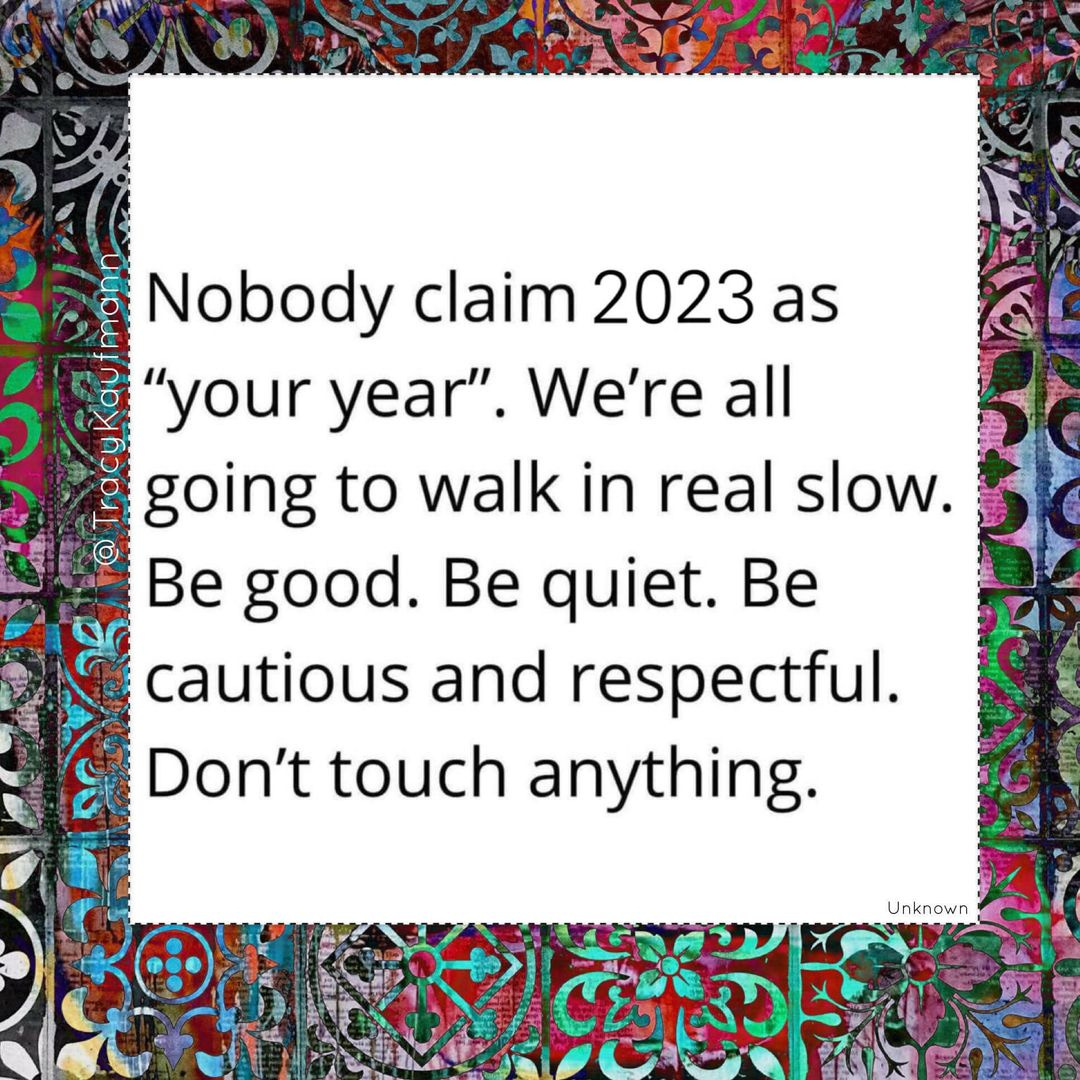 May be an image of text that says 'Nobody claim 2023 as "your year". We're all going to walk in real slow. Be good. Be quiet. Be cautious and respectful. Don't touch anything. Unknown'