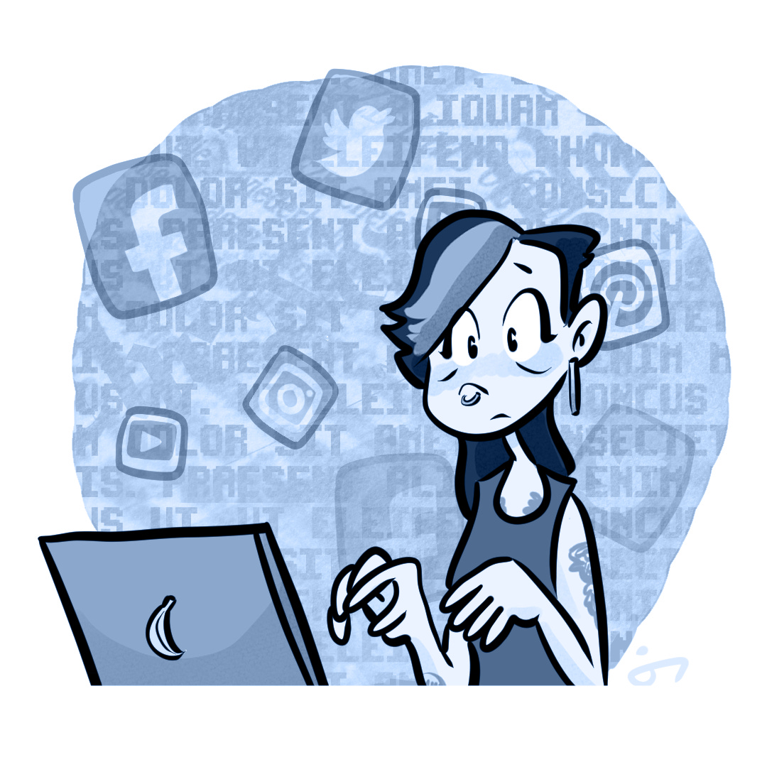 a cartoon of madi on her laptop, looking stressed. information and apps float around her head.