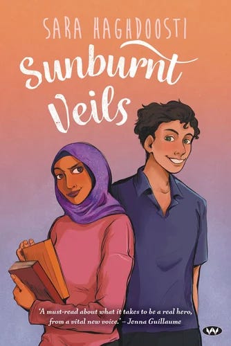 The cover of 'Sunburnt Veil's by Sara Haghdoosti. It has a young woman in hijab, looking at a young boy, who is smiling back. It is in sunset colours