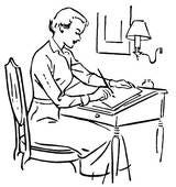 line drawing of a woman at a desk writing by hand. Looks midcentury