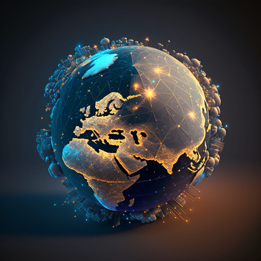 isometric illustration of the globe zoomed in on north-europe and russia, information warfare between nations visualized as shooting stars, interconnected hubs, pulsing light, cyber, transmission, satellites, ultra detailed, intricate detailes, 8K, HD, hyper realistic, octane render VFX realistic photography sharp detailed studio lighting photo realistic unreal engine 5 render twice