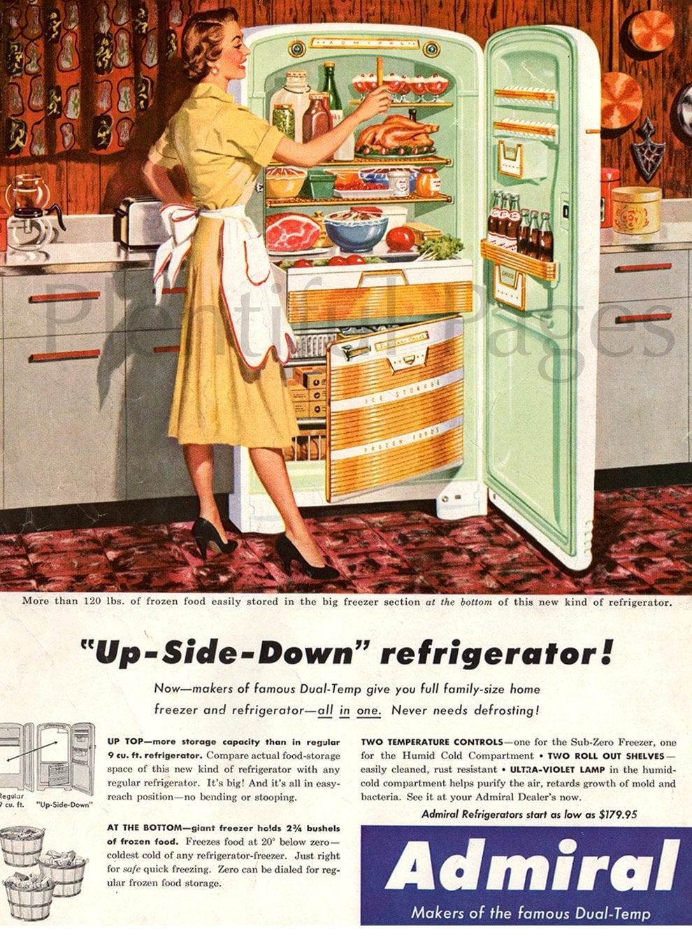A woman in the 1950s opening an upside-down fridge