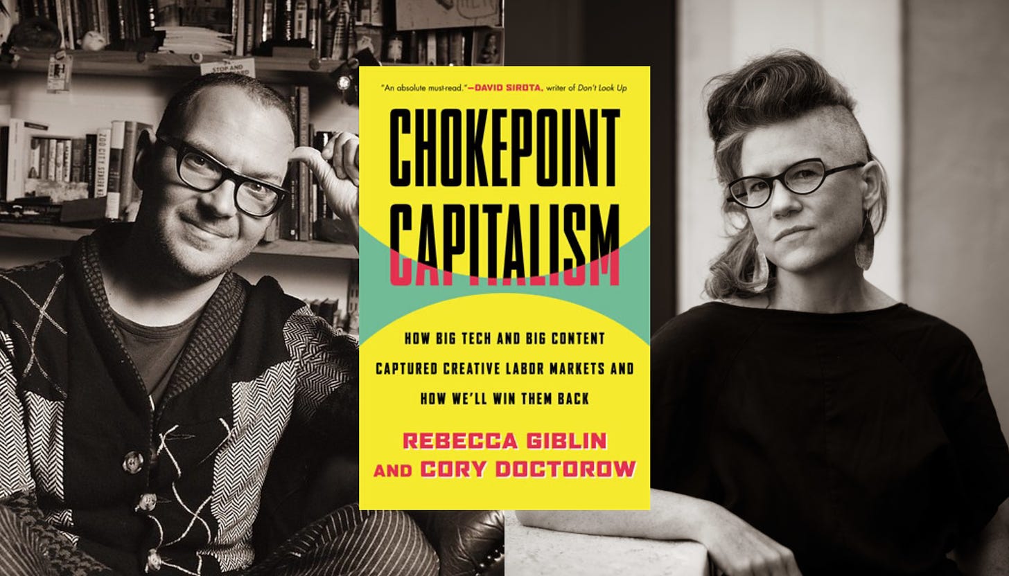 Profile photos of Rebecca Giblin and Cory Doctorow, and the cover of 'Chokepoint Capitalism.'