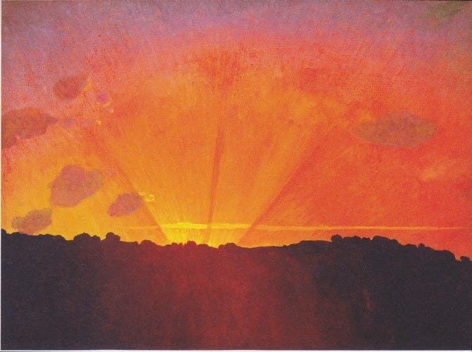 Painting of a sunset. The top three quarters are red and orange, whereas the bottom quarter is cast in shadow.
