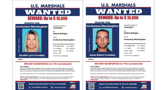 Jennifer Lynn Crumbley and James Robert Crumbley, the parents of Ethan Crumbley, the 15-year-old student who is accused of the Oxford High School shooting that killed four fellow students and injured seven others, are wanted by the U.S. Marshals after the couple did not show for their arraignment on involuntary manslaughter charges.