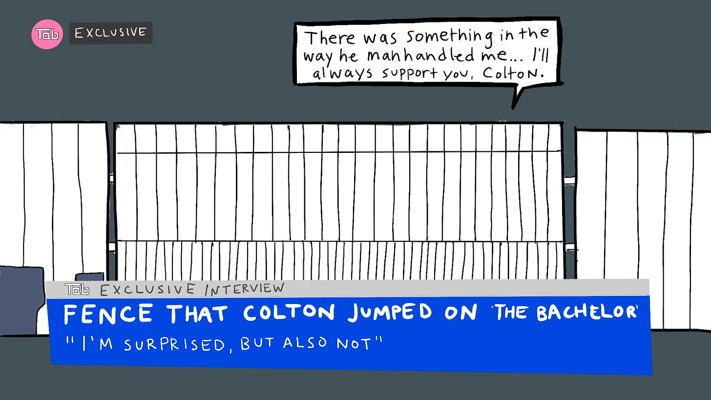 Drawing of a fake news interview with a white driveway fence. The lower third reads “Tab exclusive interview with Fence That Colton Jumped On the Bachelor,” featuring a quote underneath: “I’m surprised, but also not.” A dialogue box from the inanimate fence reads “There was something in the way he manhandled me… I’ll always support you, Colton.”