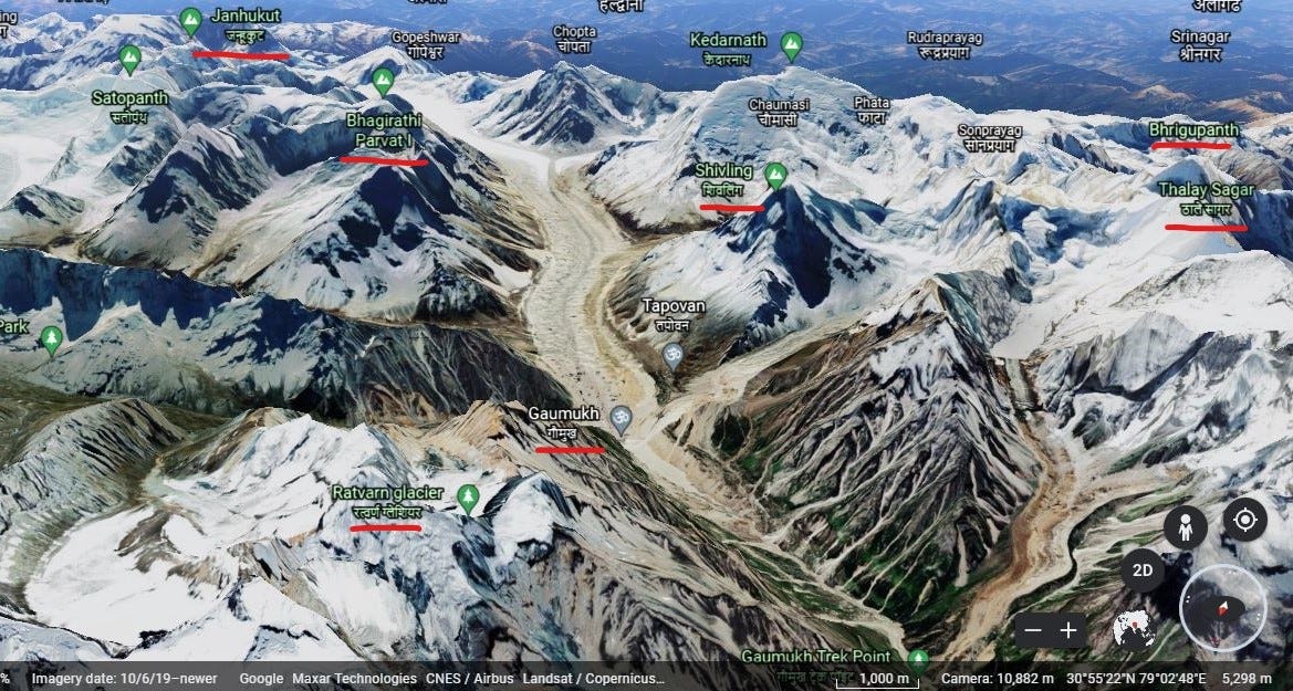 You can see Gaumukh, at the edge of the Gangotri glacier, in the image’s centre. Surrounding them are the peaks Shivling, Bhagirathi, Thalay Sagar, Bhrigupanth, Jahnukut. What is marked Ratvarn glacier is the slope of Sudarshan Parvat.