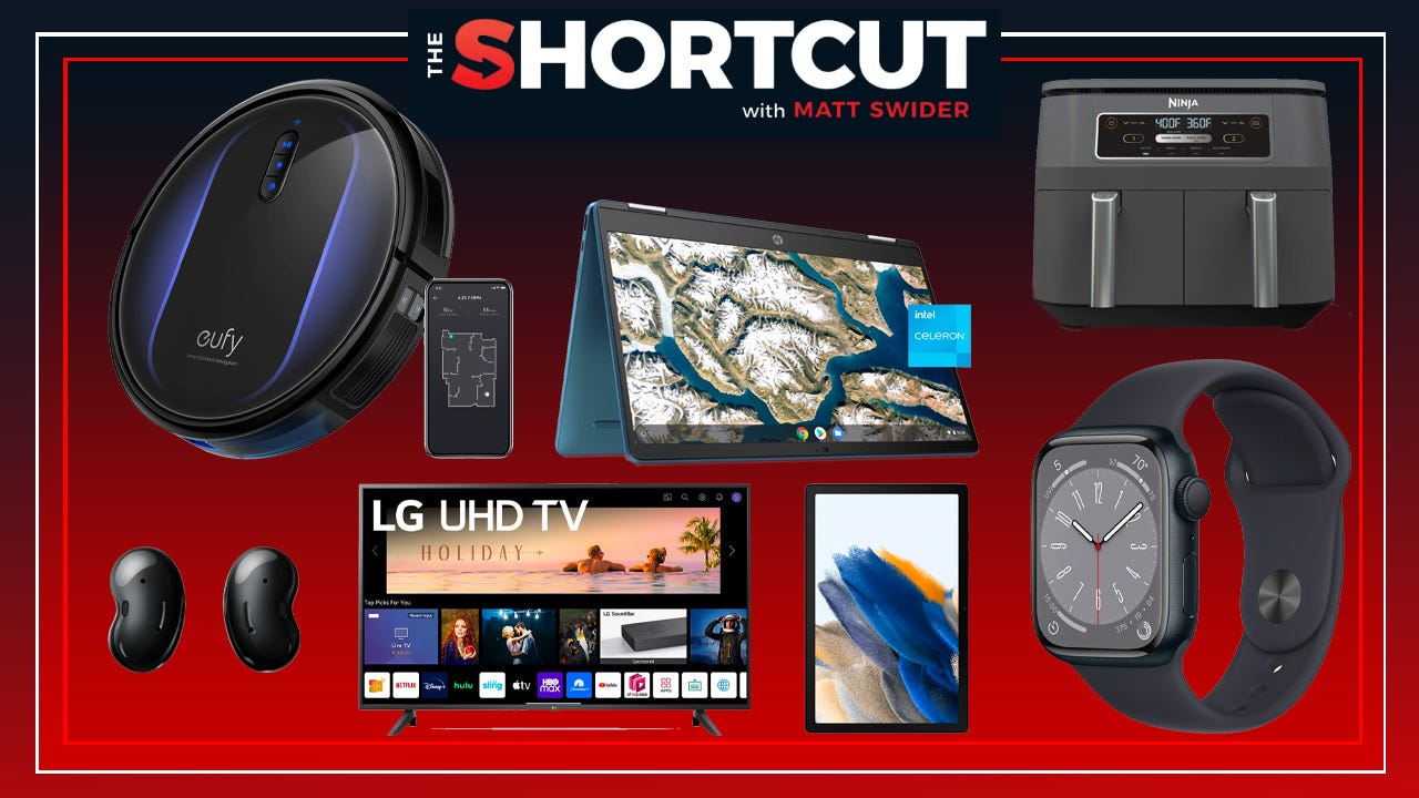 Several technology products on a black-to-red gradient background with The Shortcut's logo at the top center