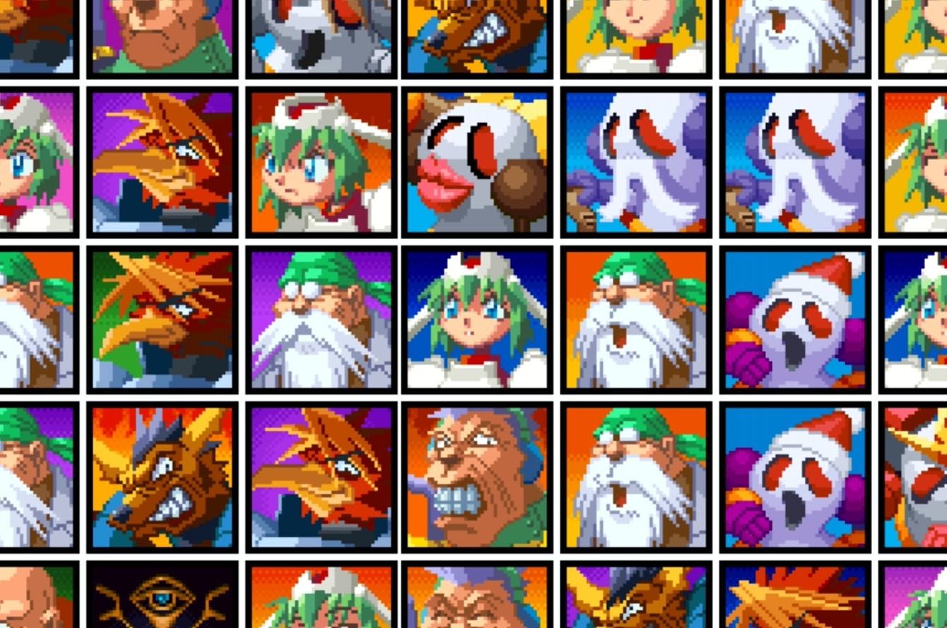 A screenshot of one of the game's interstitial screens, featuring zoomed in headshot character artwork of friends, foes, and those kind of in between.