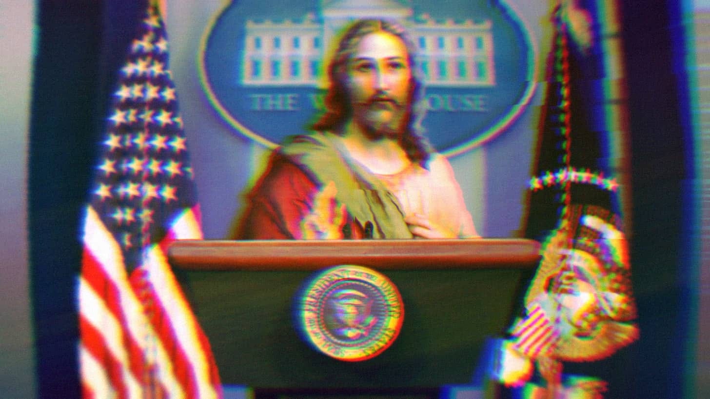 An illustration of Jesus standing behind the White House Briefing Room podium