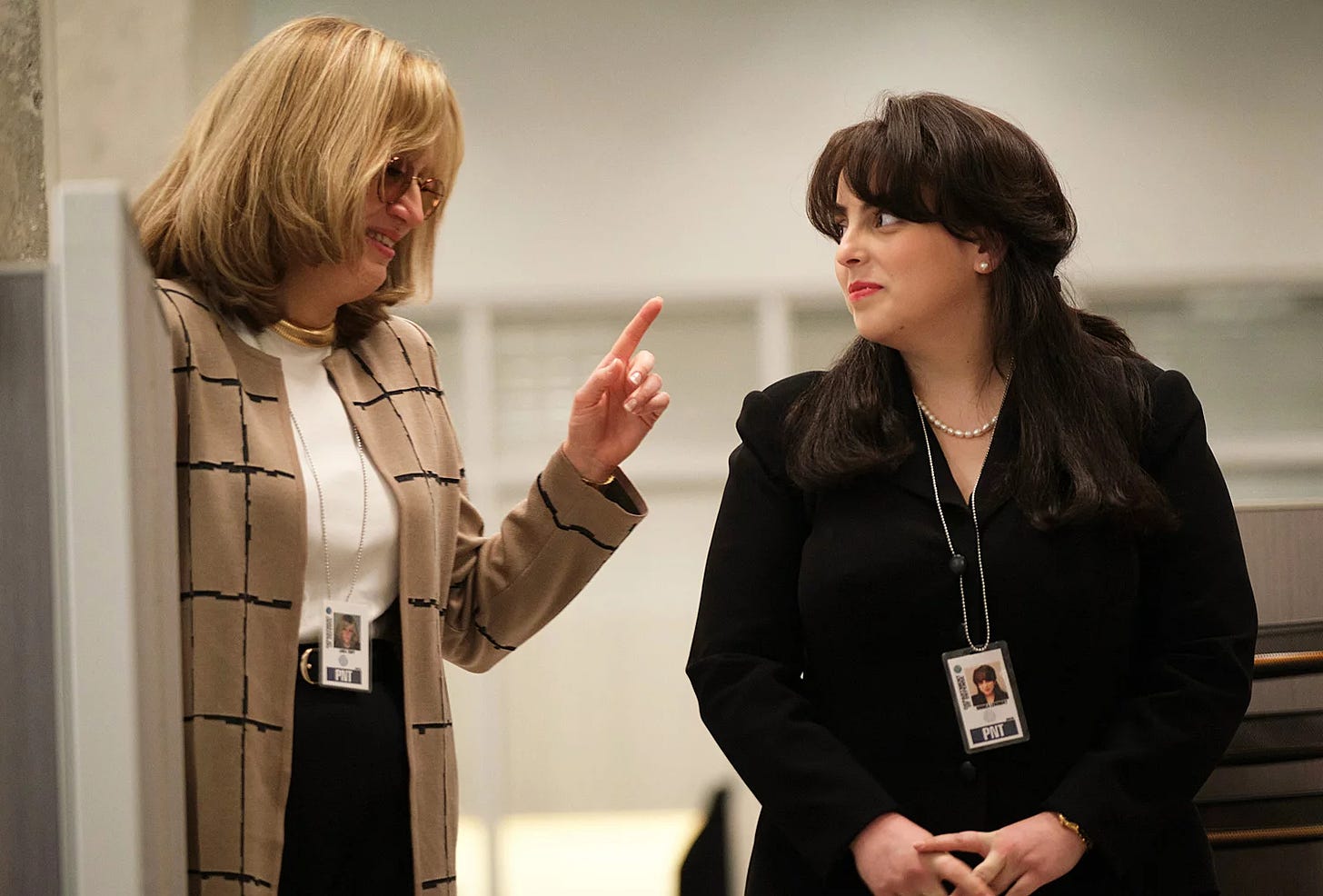 Sarah Paulson as Linda Tripp and Beanie Feldstein as Monica Lewinsky in a still from Impeachment: American Crime Story