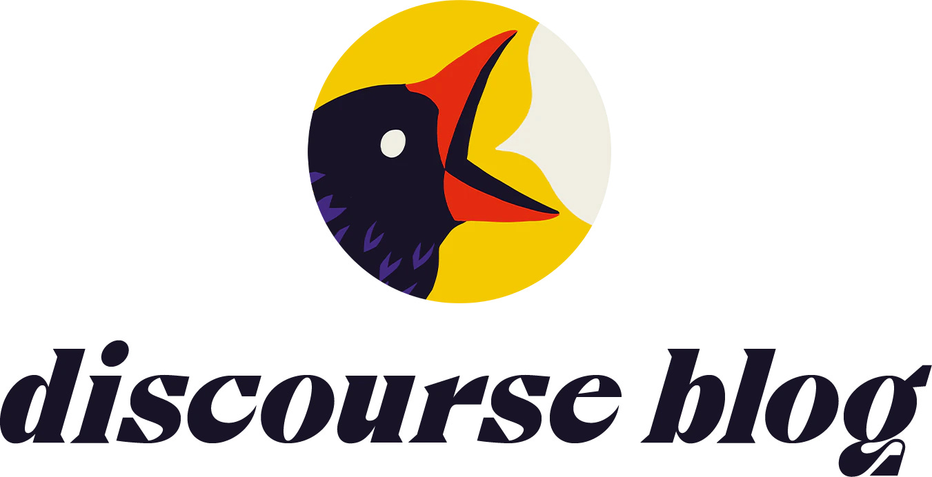 The Discourse Blog logo of a black and purple flat illustrated sterling bird with its blood-orange beak open with a khaki speech bubble coming out of its mouth, all against a mustard yellow circle background. The words "Discourse Blog" are in a thick, slanted, curvy, lowercase font in black underneath the logo.