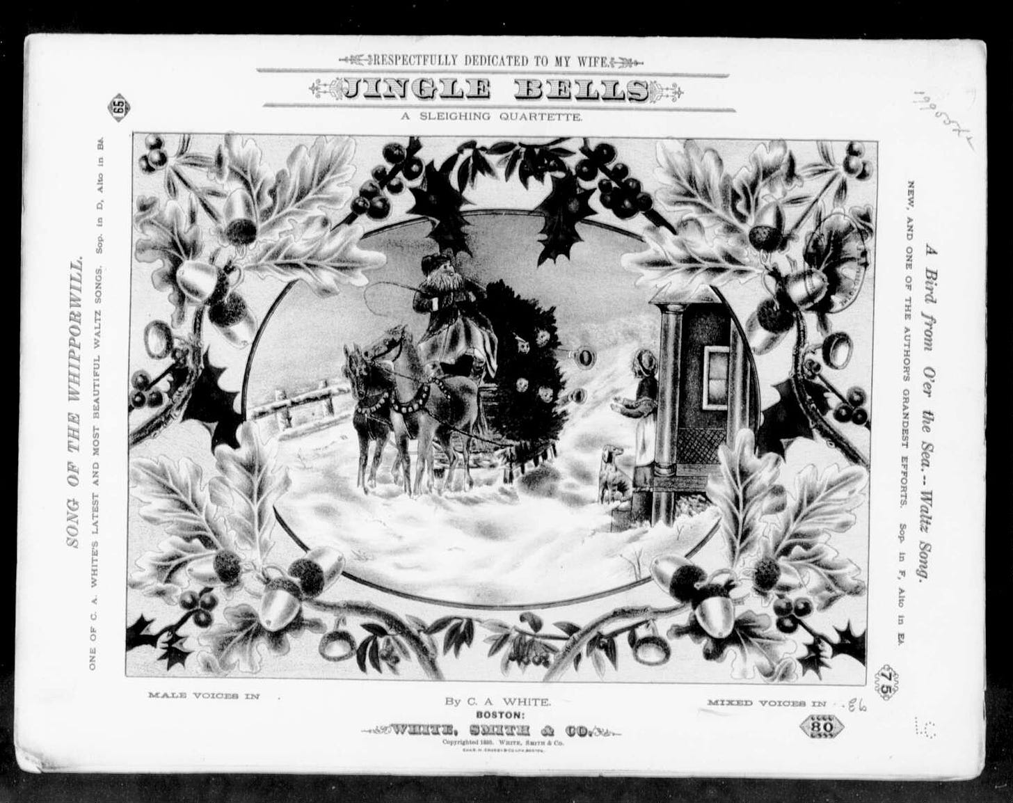 Black-andBlack-and-white cover sheet for sheet music for Jingle Bells. In the middle is a horse-drawn wagon covered by what looks like a Christmas tree. The circle is surrounded by foliage and bells.