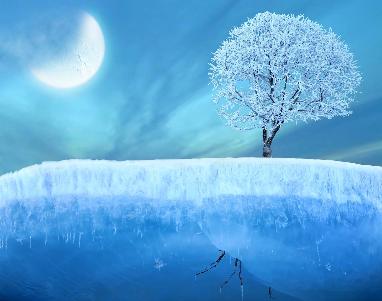 An ice-rimed tree sits atop a shelf of ice with its root poking through the bottom, while a half-moon floats above in a clouded winter sky.