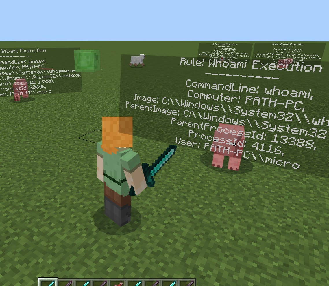 Picture of a pig in SIEMCRAFT with detection information above its head