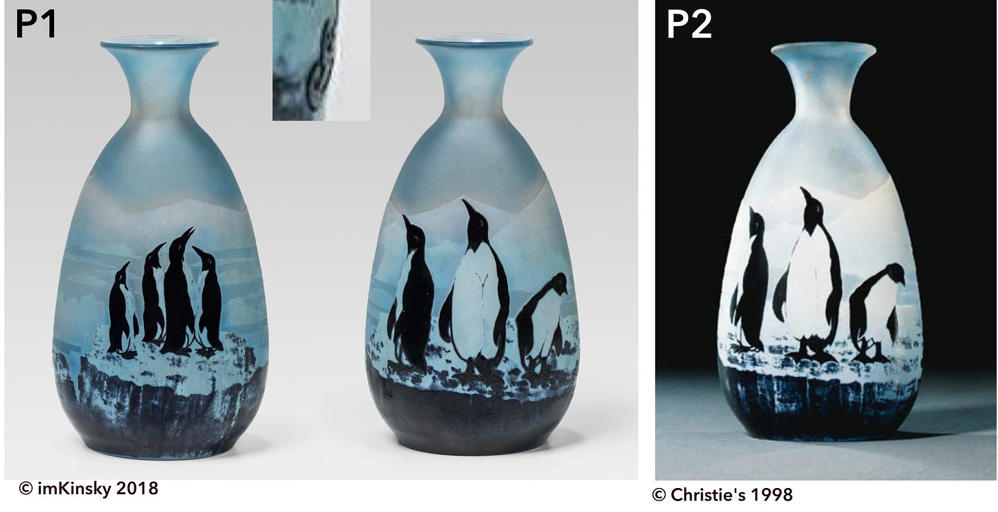 P1 and P2 Penguins vase, 20.6 cm H, Mk VI signed (© imKinsky 2018 and Christie's 1998).