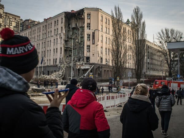 A hotel hit by a Russian strike on Saturday in Kyiv, Ukraine’s capital.
