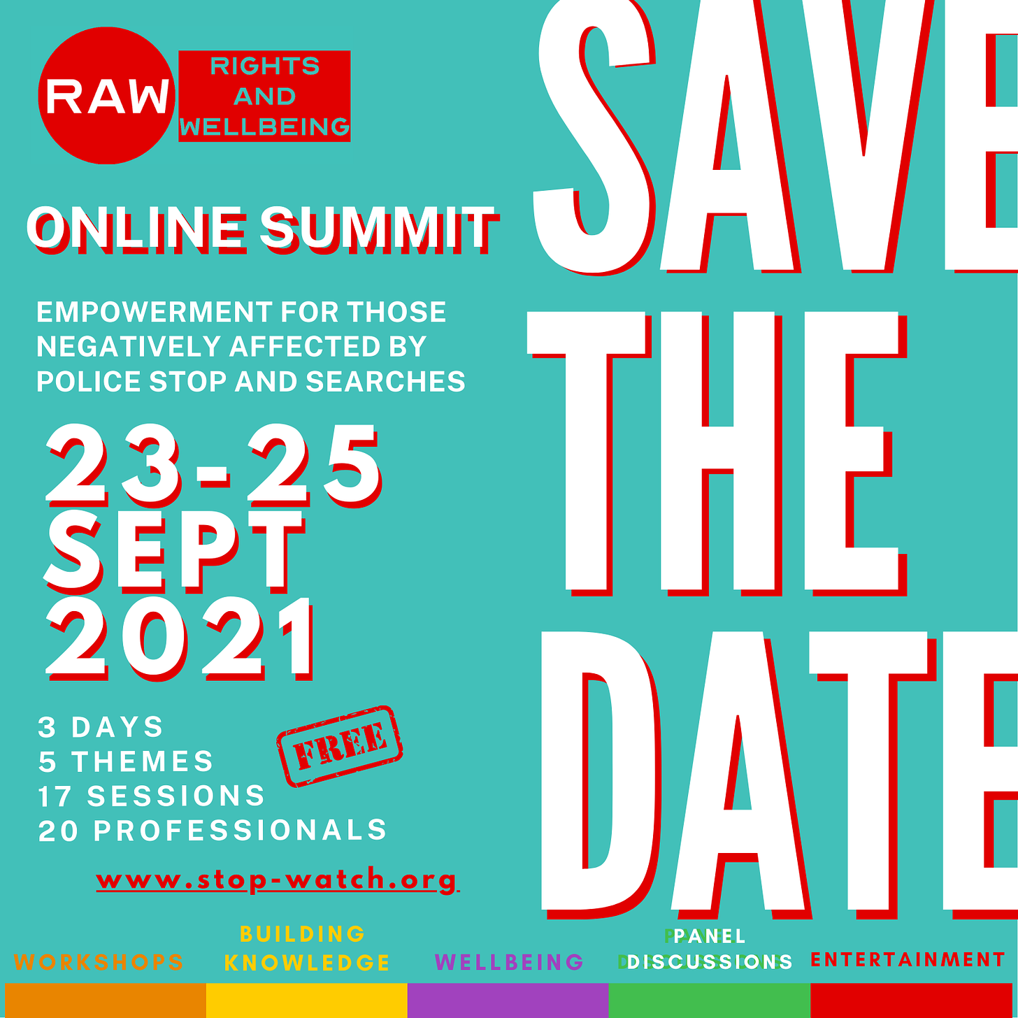 SAVE THE DATE poster: Rights and Wellbeing online summit runs from 23 to 25 September 2021