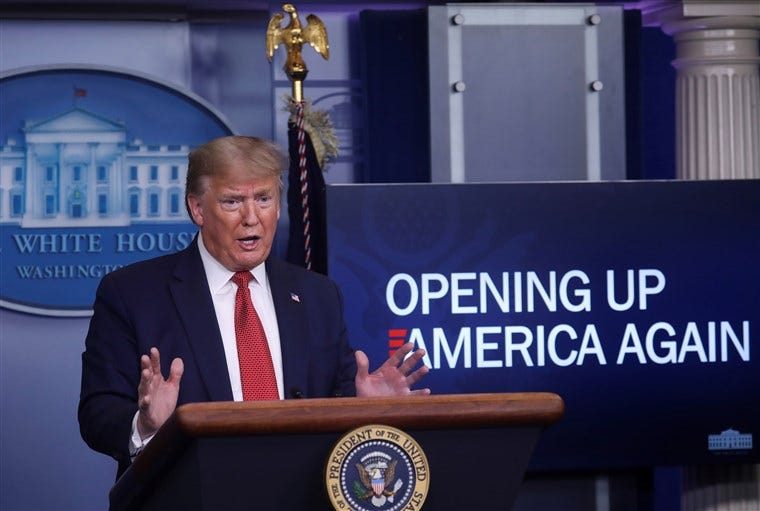 Image: President Donald Trump answers questions about his administration's plans for "Opening Up America Again" during the daily coronavirus task force briefing at the White House