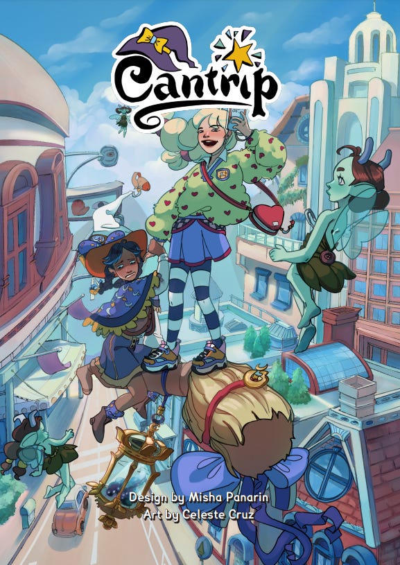 Cover of Cantrip. Design by Misha Panarin. Art by Celeste Cruz. The cover shows two young witches balanced on a broomstick flying through a magical city. They are surrounded by several playful pixies.