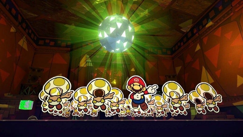 Mario disco boogieing down with a bunch of faceless Toads.