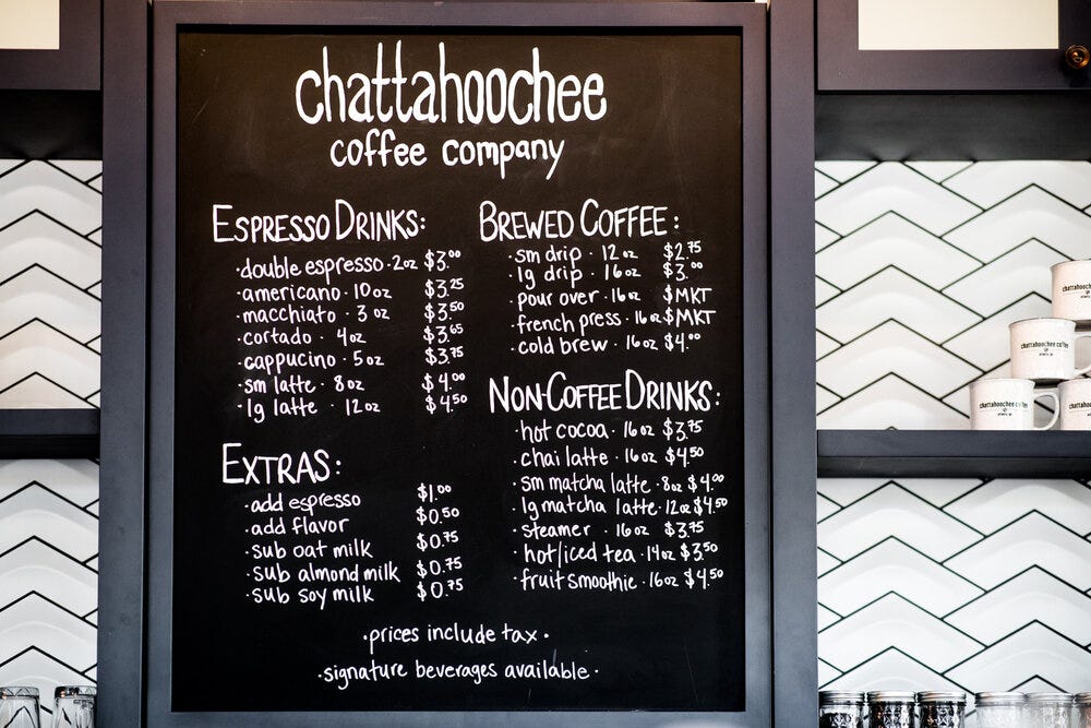 The Menu at the newly opened Chattahoochee Coffee Co. at the Eddy.