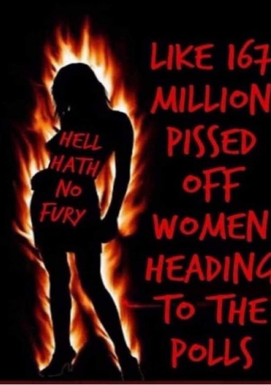 Dark shadow of a woman standing in front of a flame with text painted on her and beside her in red that reads: "Hell hath no fury like 167 million pissed off women heading to the polls"