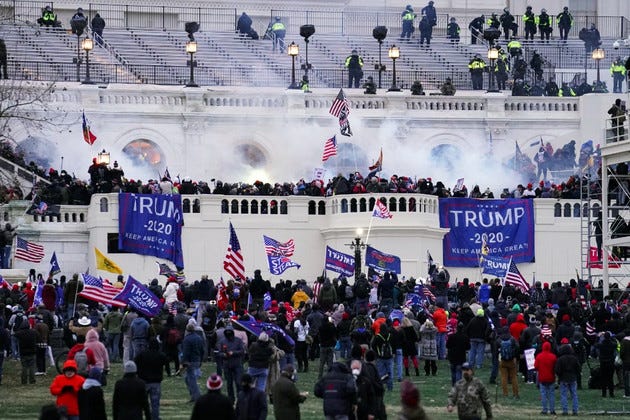 Violent insurrectionists, loyal to President Donald Trump, storm the Capitol in Washington on Jan. 6, 2021.