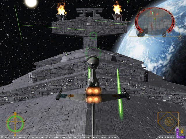 A screenshot of a B-Wing gunning for the bridge of a Star Destroyer
