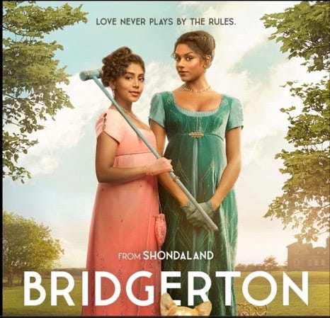 The Sharma sisters are the main characters in season 2 of Bridgerton - pictured here in a program promo poster in Regency gowns and carrying croquet sticks with the caption, "Love never plays by the rules."