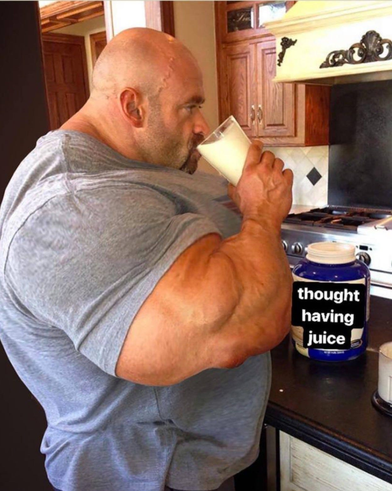 May be an image of 1 person, beard, drink, indoor and text that says "thought having juice"