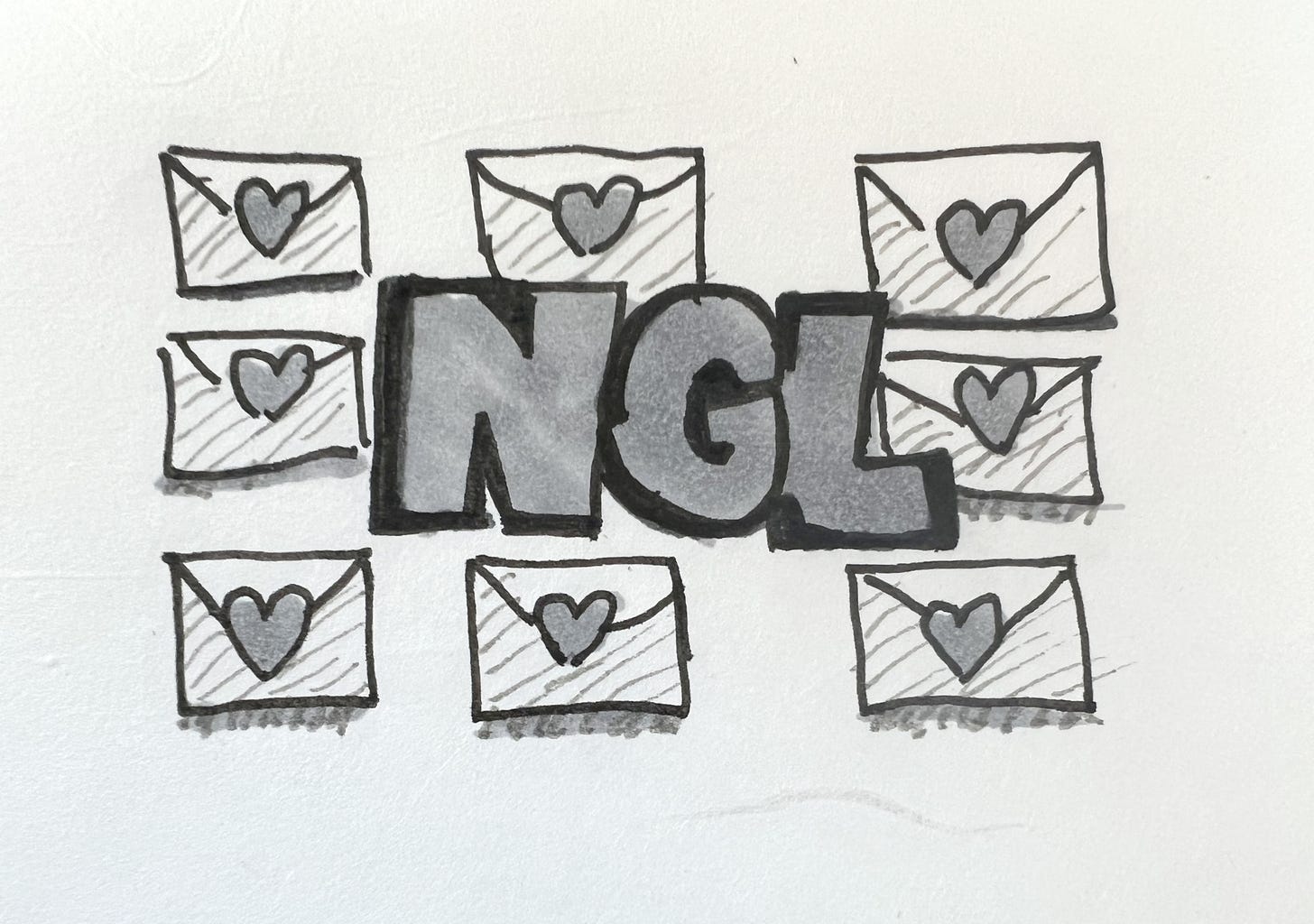 Drawing of heart envelopes in the background with the letters "N-G-L" to indicate "No Gonna Lie"